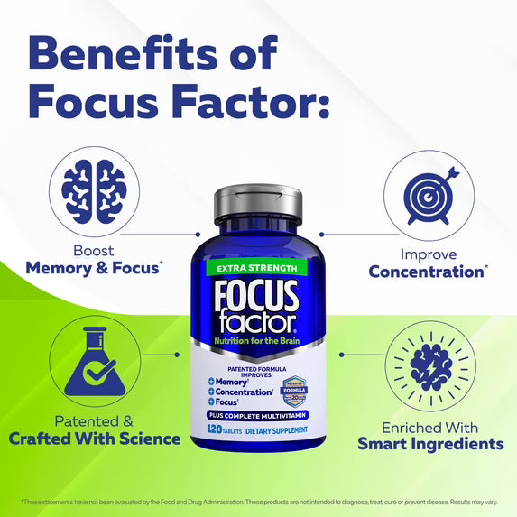 2 pack Focus Factor Extra Strength 120 Count - Brain Supplement for Memory, Concentration and Focus - Complete Multivitamin with DMAE, Vitamin D, DHA