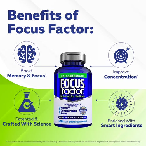 2 pack Focus Factor Extra Strength 120 Count - Brain Supplement for Memory, Concentration and Focus - Complete Multivitamin with DMAE, Vitamin D, DHA