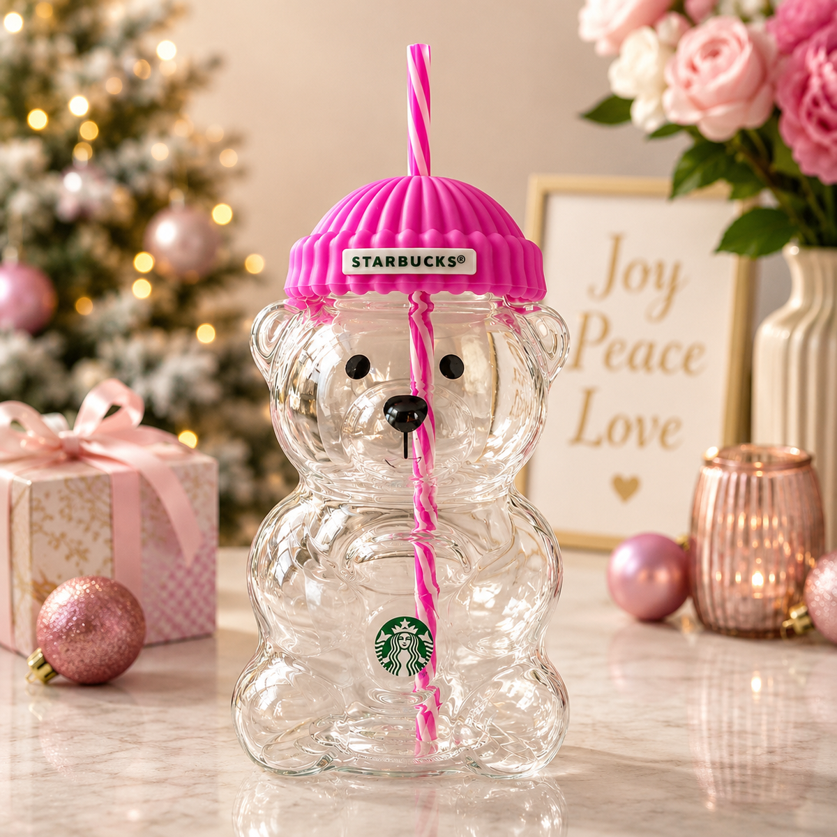 Starbucks Bearista Rose Red Bear Glass Tumbler Cold Cup