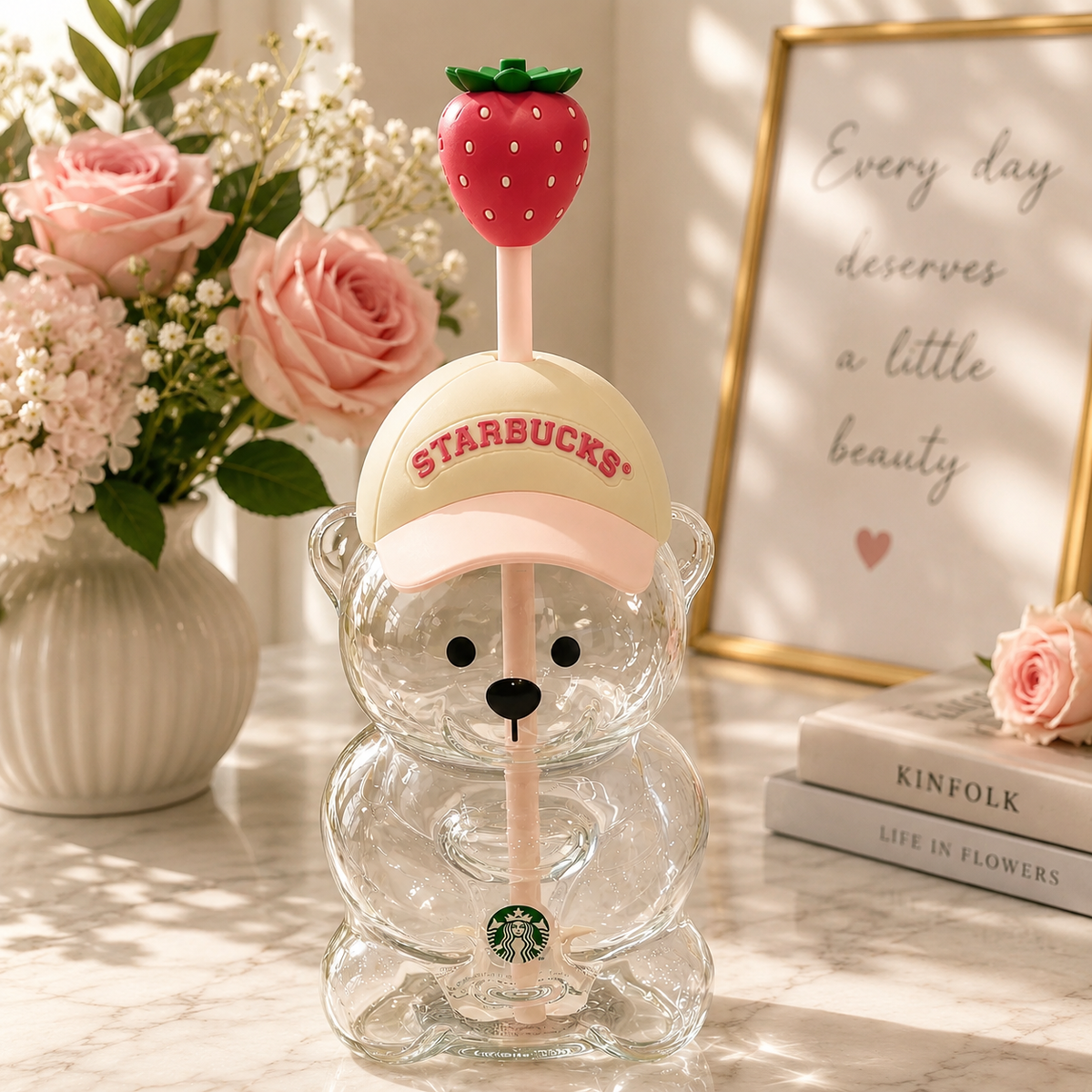 New 20OZ Starbucks Bearista Bear Cup Tumblers W/ Strawberry Topper Baseball Cap