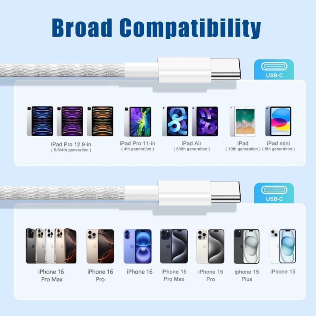 USB C to C Charging Cable 60W Fast Type C to C Charger Cord Long for Apple iPhone 17 Pro Max/17 Air/16 Pro Max/15 Plus, MacBook Pro,iPad 12.9/11 inch/Mini/Air 5/4,Samsung Galaxy