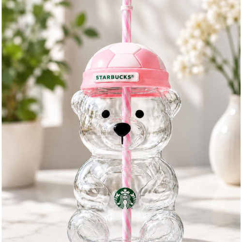 Cute Pink Soccer Bear Glass Cup with Straw, Clear Teddy Tumbler.
