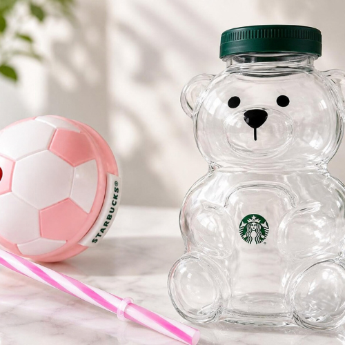 Cute Pink Soccer Bear Glass Cup with Straw, Clear Teddy Tumbler.