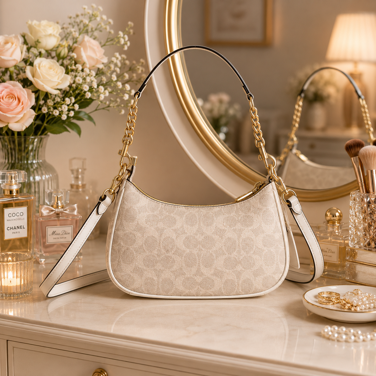 Coach NWT Teri Shoulder Bag In Signature Canvas CV933 Gold/Sand/Chalk