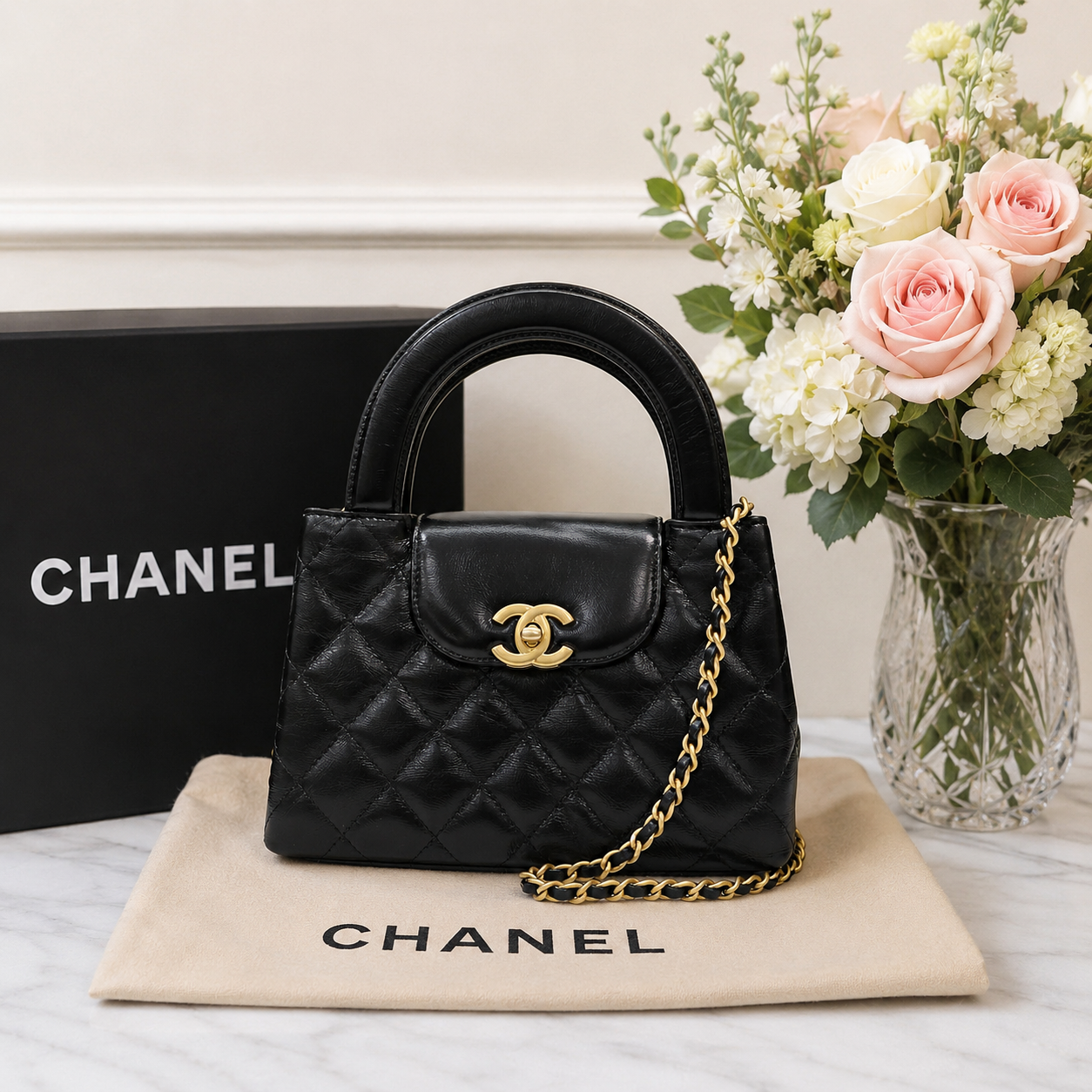 CHANEL Kelly Mini Shoulder Handbag Quilted Calfskin Black AS4416