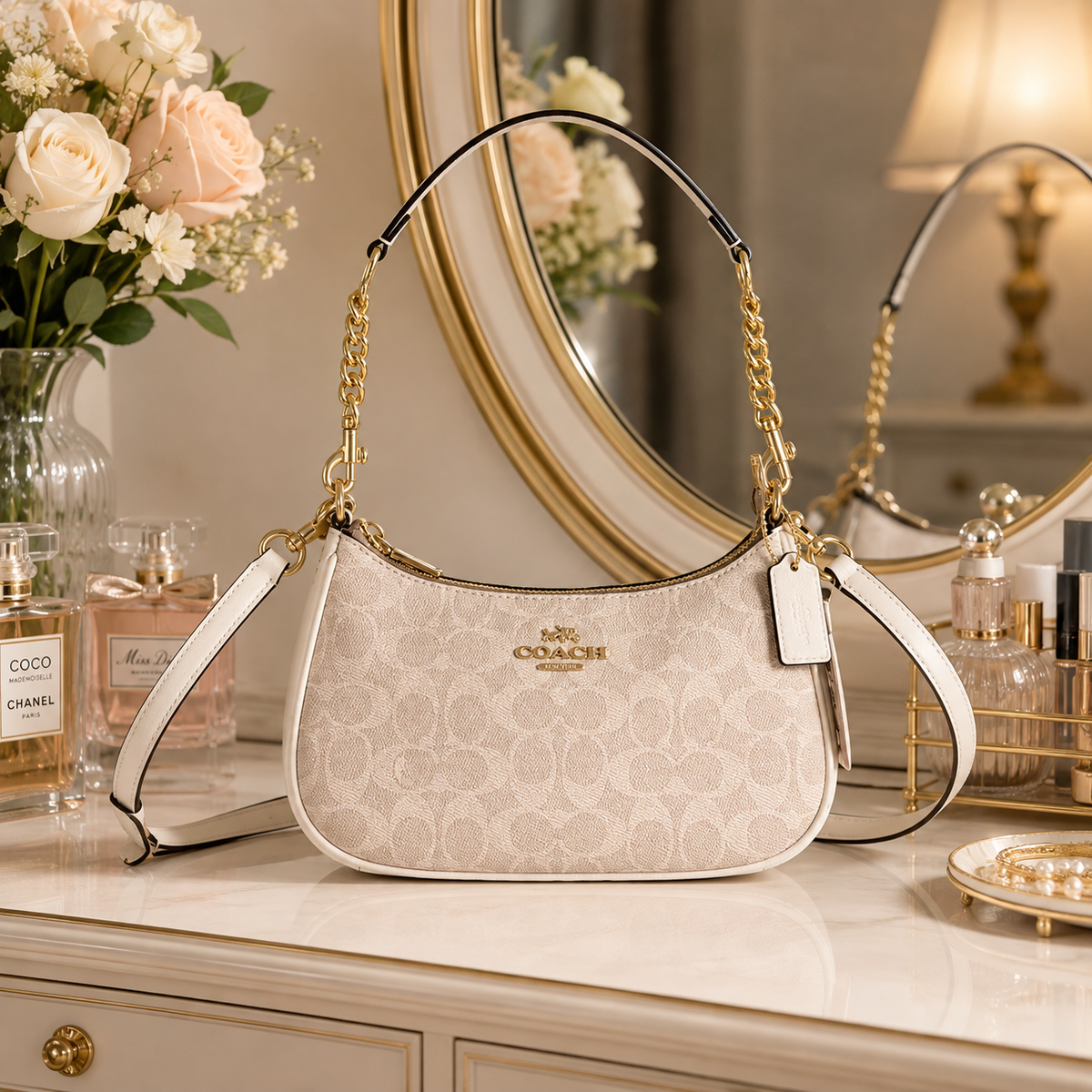 Coach NWT Teri Shoulder Bag In Signature Canvas CV933 Gold/Sand/Chalk