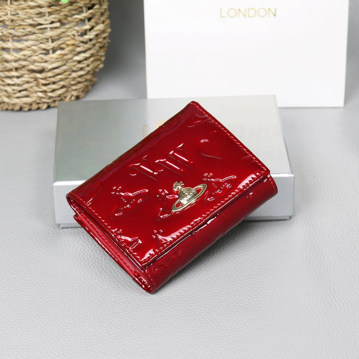Vivienne Westwood Red Enamel Trifold Wallet Gold Orb Logo Authentic